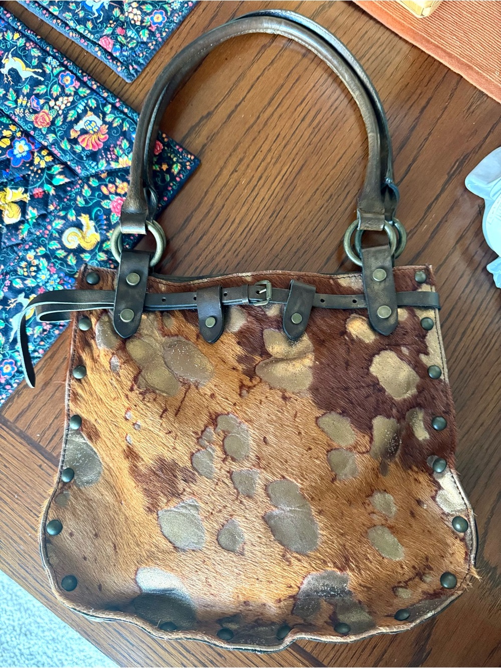 MAURIZIO TAIUTI Bag Calfskin with Hair Italian Leather Metallic Spots Purse Tote